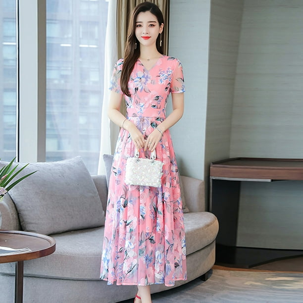 sachin and babi light blue dress Pink Floral Print V-Neck Dress – Crimsoune Club