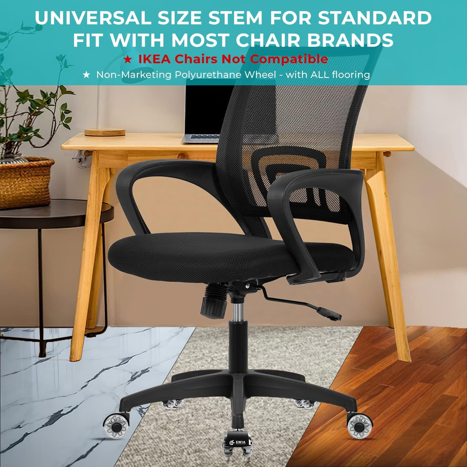Premium 2 Inch Office Chair Caster Wheels (Set of 5) - Heavy-Duty, Smooth Rolling, Safe for All Floors