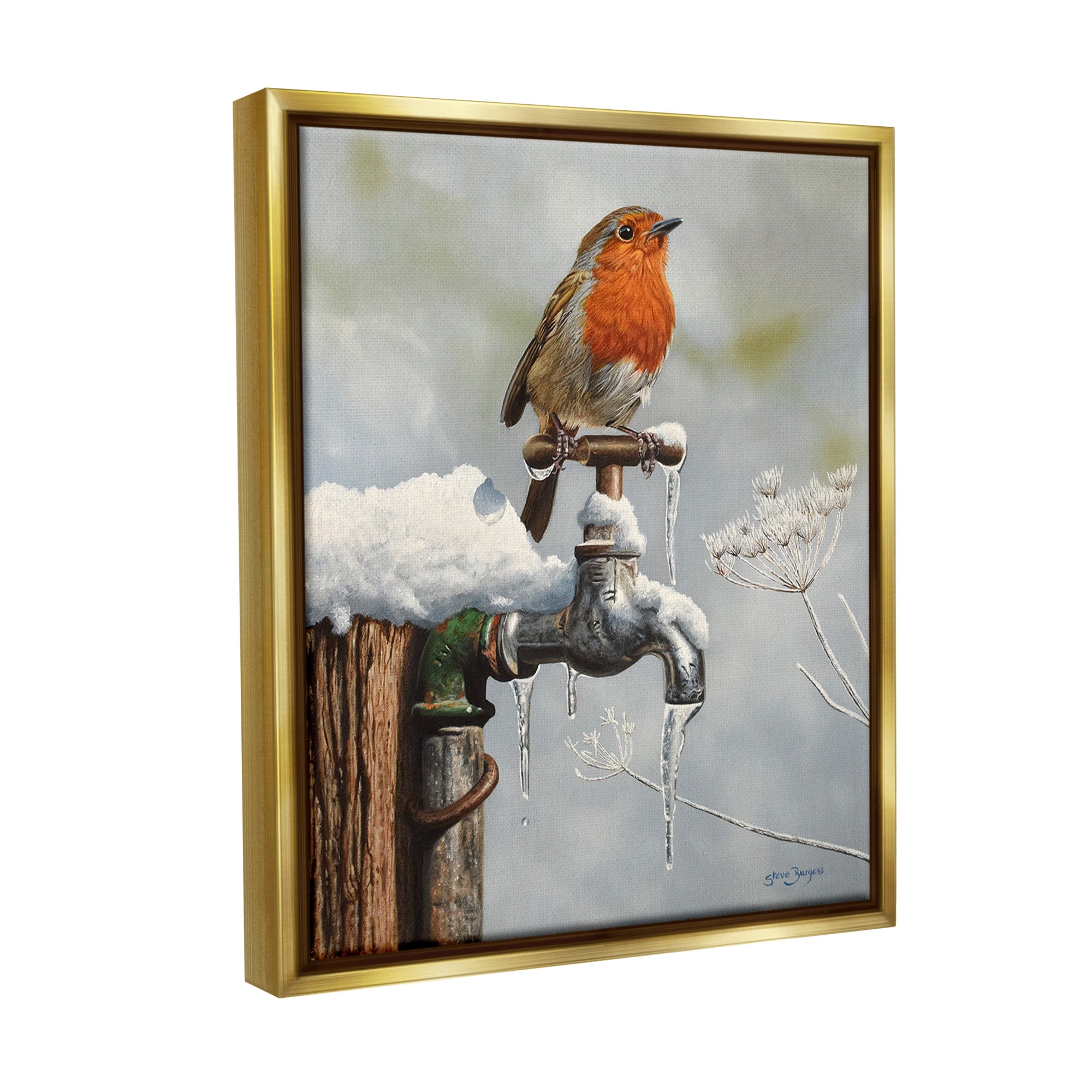 Stupell Industries Robin Bird & Winter Scene Animals & Insects Painting Gold Floater Framed Canvas Art Print Wall Art, 25 x 31