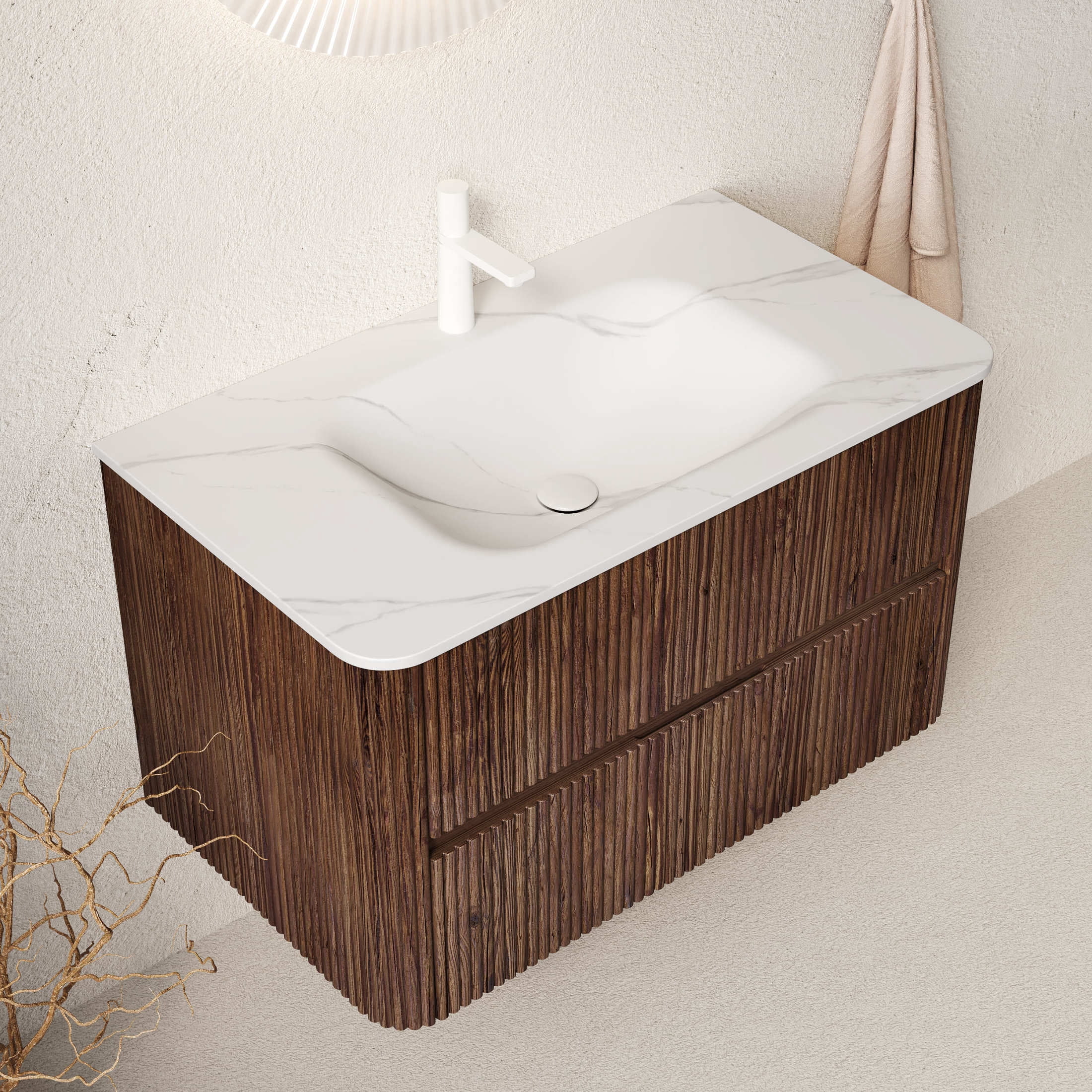 Noble House Noor 36" Floating Bathroom Vanity with Seamless Sintered Stone Basin, Retro Soft-Close Drawers, Walnut