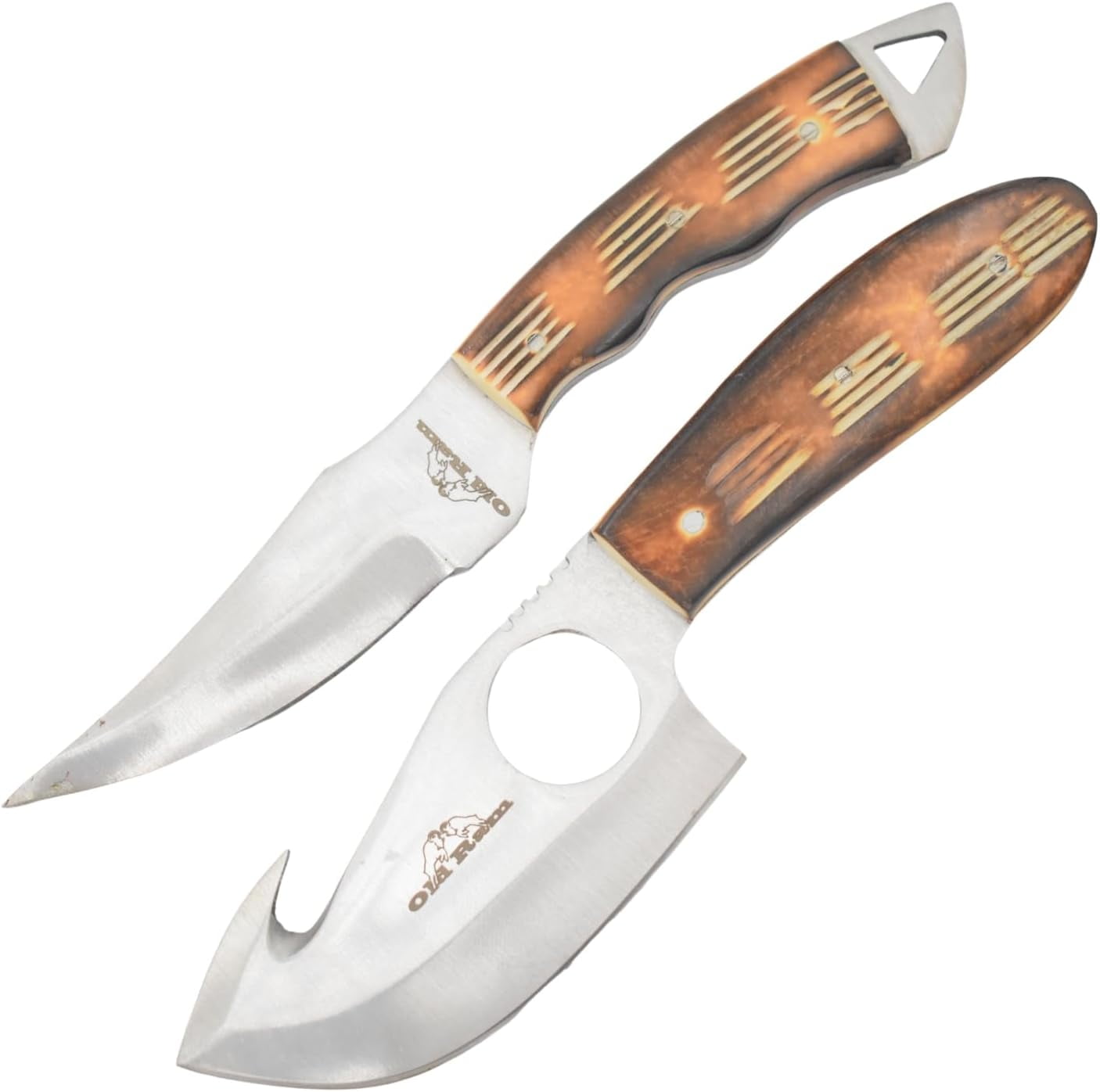 Old Ram Handmade 2-Piece Camping Hunting Skinner Knife Set, Pink Bone Handle, Stainless Steel Blades with Sheath