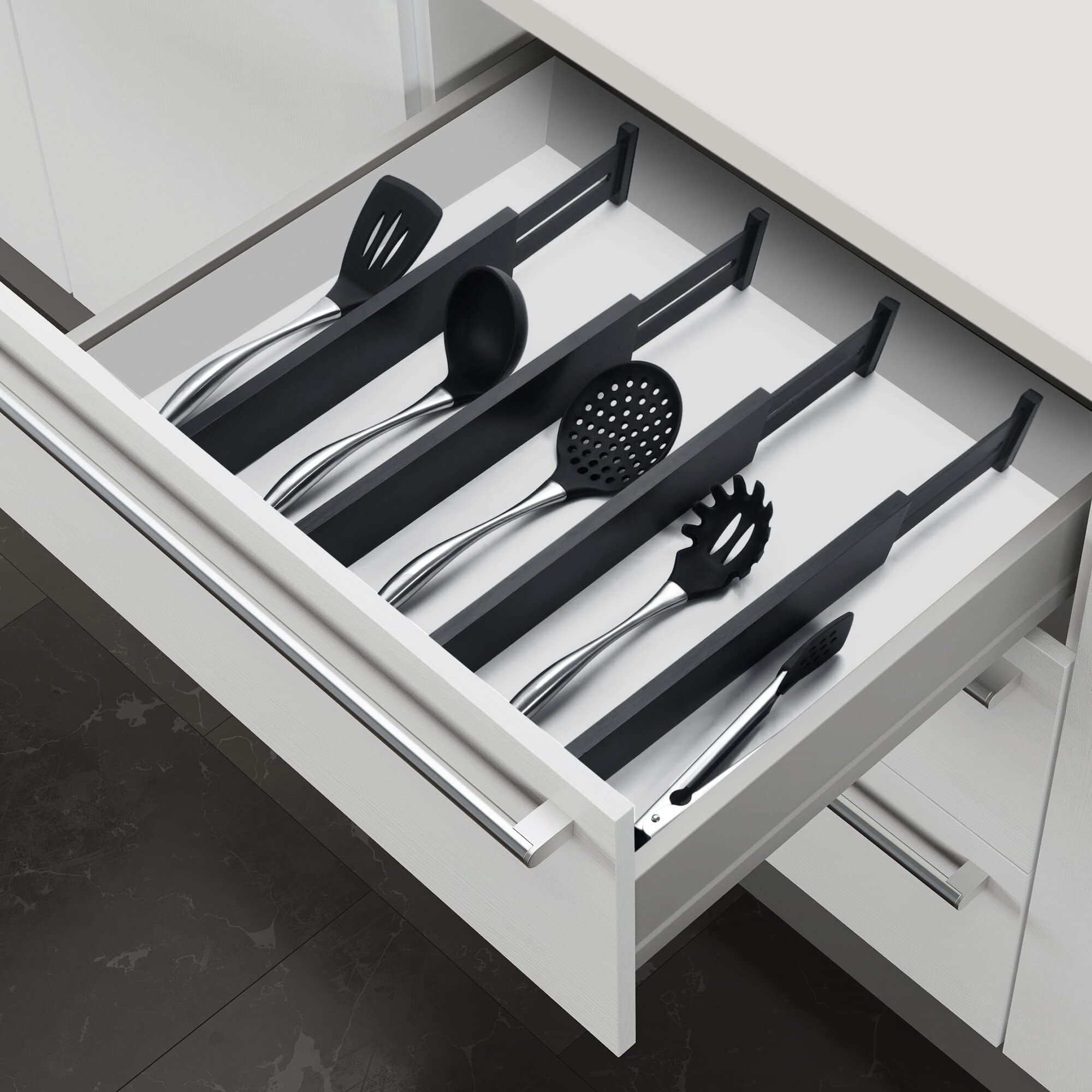 4 Pack Bamboo Drawer Dividers, Adjustable Length from 12 Inch to 17 Inch, Expandable Kitchen Drawer Organizer, Drawer Organization Separators for Clothes, Kitchen, Bedroom, Dresser, Office (Black)