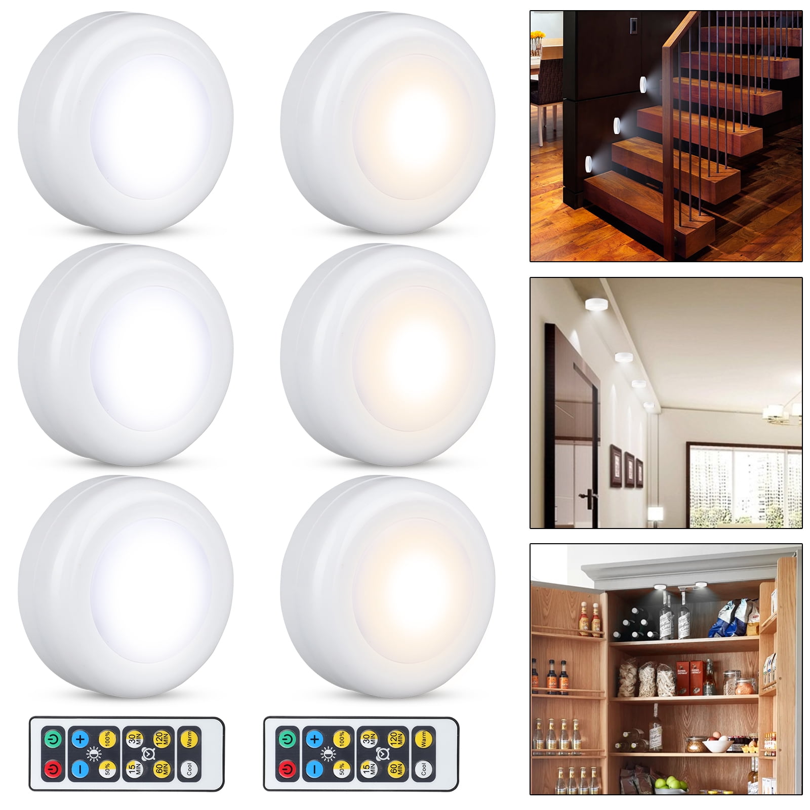 3/6Pcs LED Under Cabinet Light Puck Home Kitchen Fixture Lamp Warm Cool White 
