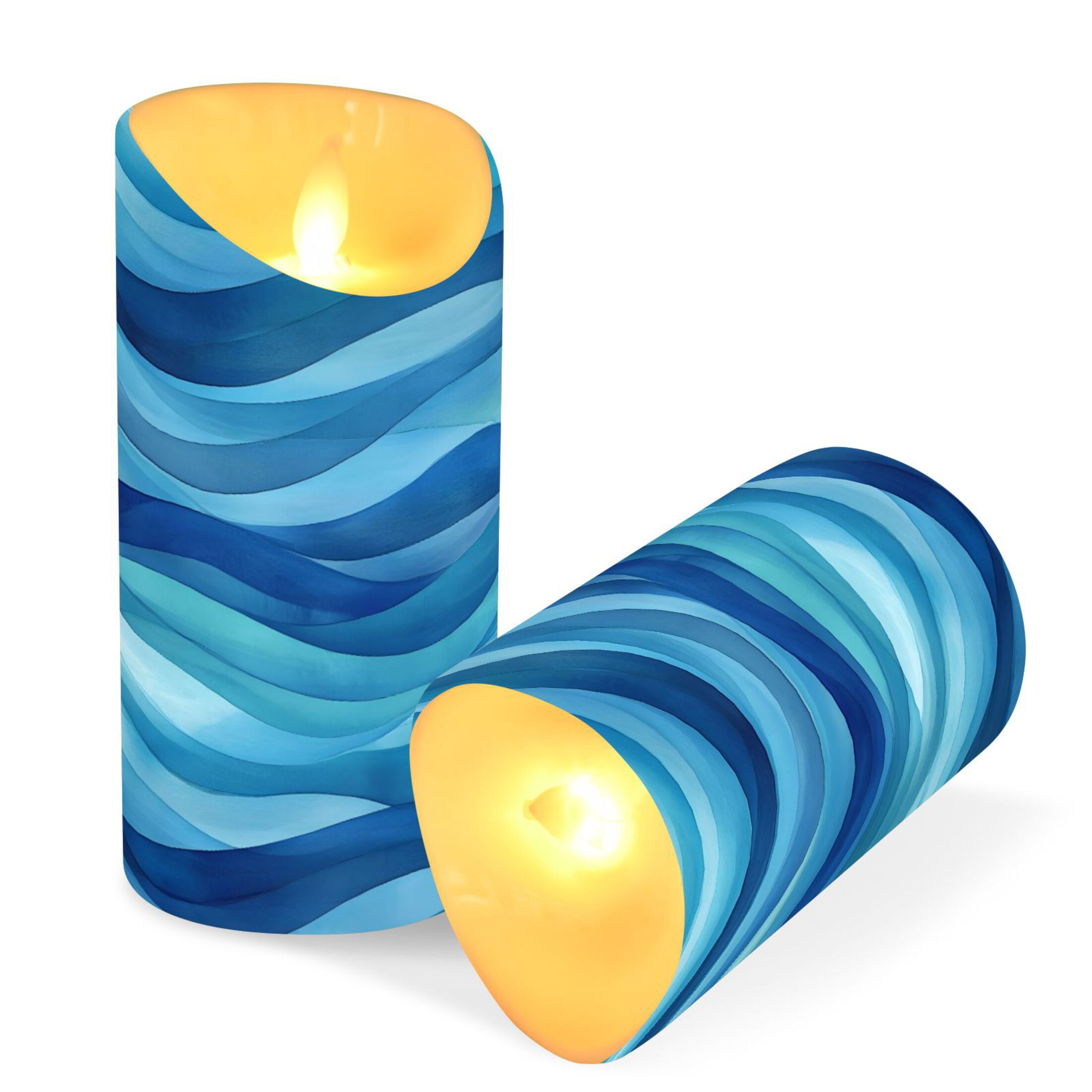 Blue Wavy Art Pattern Flameless Candles 2 PCS with Remote Realistic Moving Flame LED Tapered Pillar Set for Home Decor