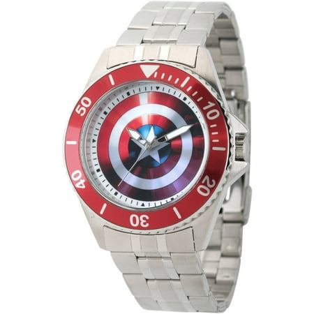 Marvel's Avengers: 75th Anniversary Shields Men's Honor Stainless Steel Watch, Red Bezel, Silver Stainless Steel Bracelet