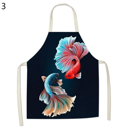 

Bib Apron Sleeveless Dustproof Flax Colorfast Fish Printed Cooking Chef Bib Household Supplies