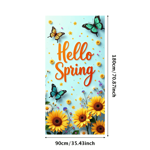 Hello Spring Vertical Floral Banner with Butterflies and Sunflowers Display Backdrop Wall Art Background for Outdoor Weddings Parties Events Decor