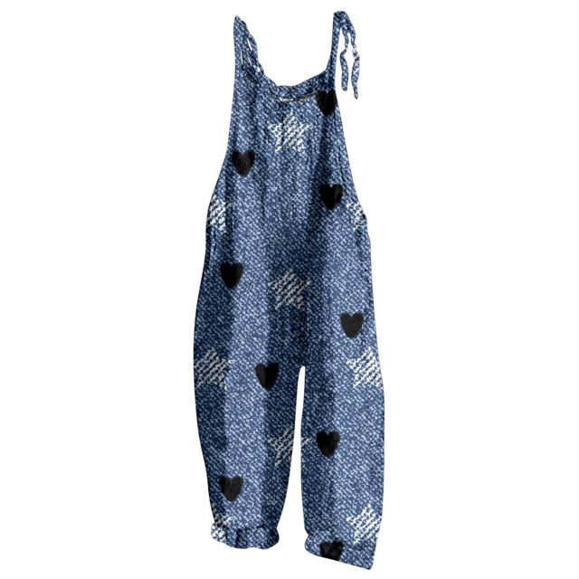 PMUYBHF Salopette en Denim du 4 Juillet pour Femmes Grande Taille Femme Saint-Valentin Imprimée Rétro Décontractée Simple Combinaison à Bretelles Pantalon