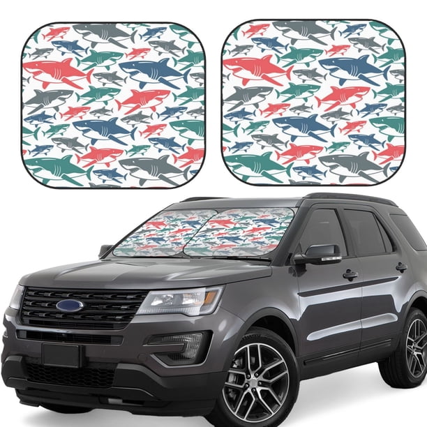 Balery Colorful Shark Parasol para parabrisas de coche de 2 piezas | Parasol plegable para parabrisas delantero de coche para la mayoría de sedanes-Small