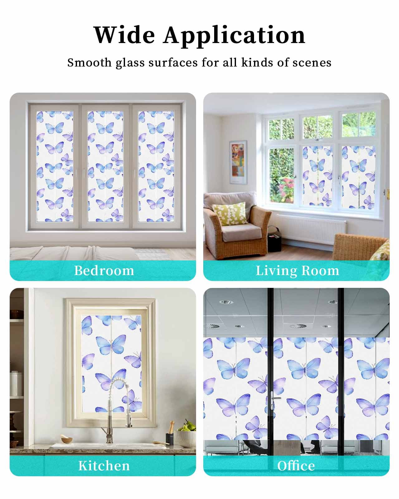 Window Privacy Film Blue Purple Butterfly Stained Glass Window Film Decorative Sun Block Window Cover Elegance Watercolors Butterflies Window Clings Static Adhesive Sticker for Bathroom 17.7"x78.7"