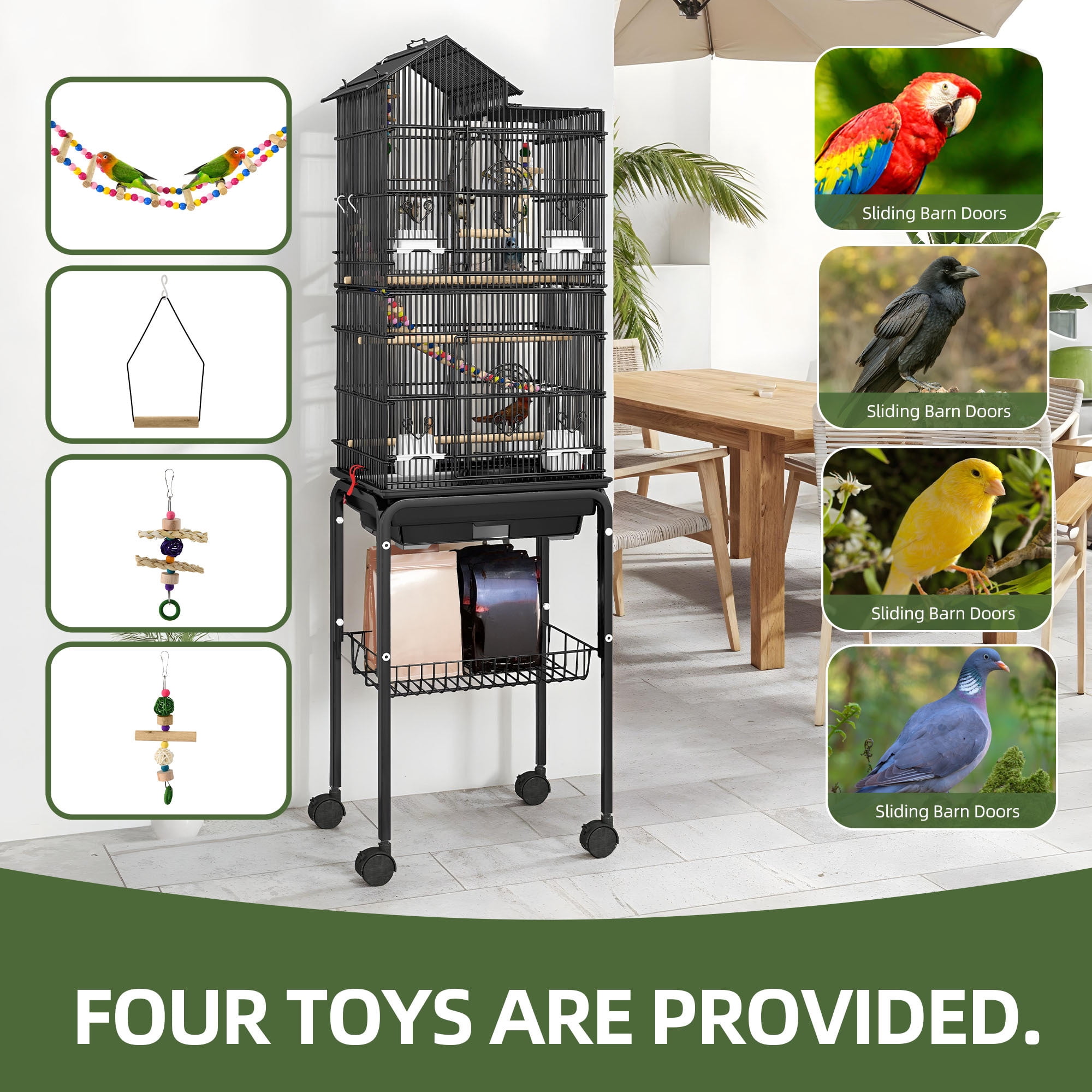 Uforic 62" Large Metal Bird cage with Rolling Stand, Slide-Out Tray,3 Perches and 4 Feeders, Black