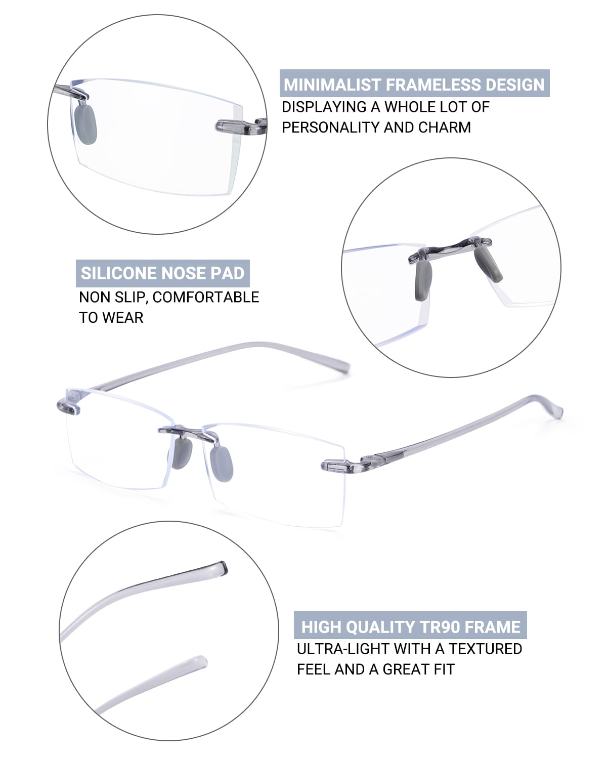 TERAISE Rimless Reading Glasses Comfortable Lightweight Frameless Reader Men Women Blue Light Blocking Computer Eyeglasses（Grey-250）