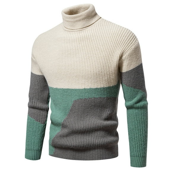 jsaierl Mens Sweater Knit Turtle Neck Color Block Top Long Sleeve Cozy Warm Winter Pullover Sweater