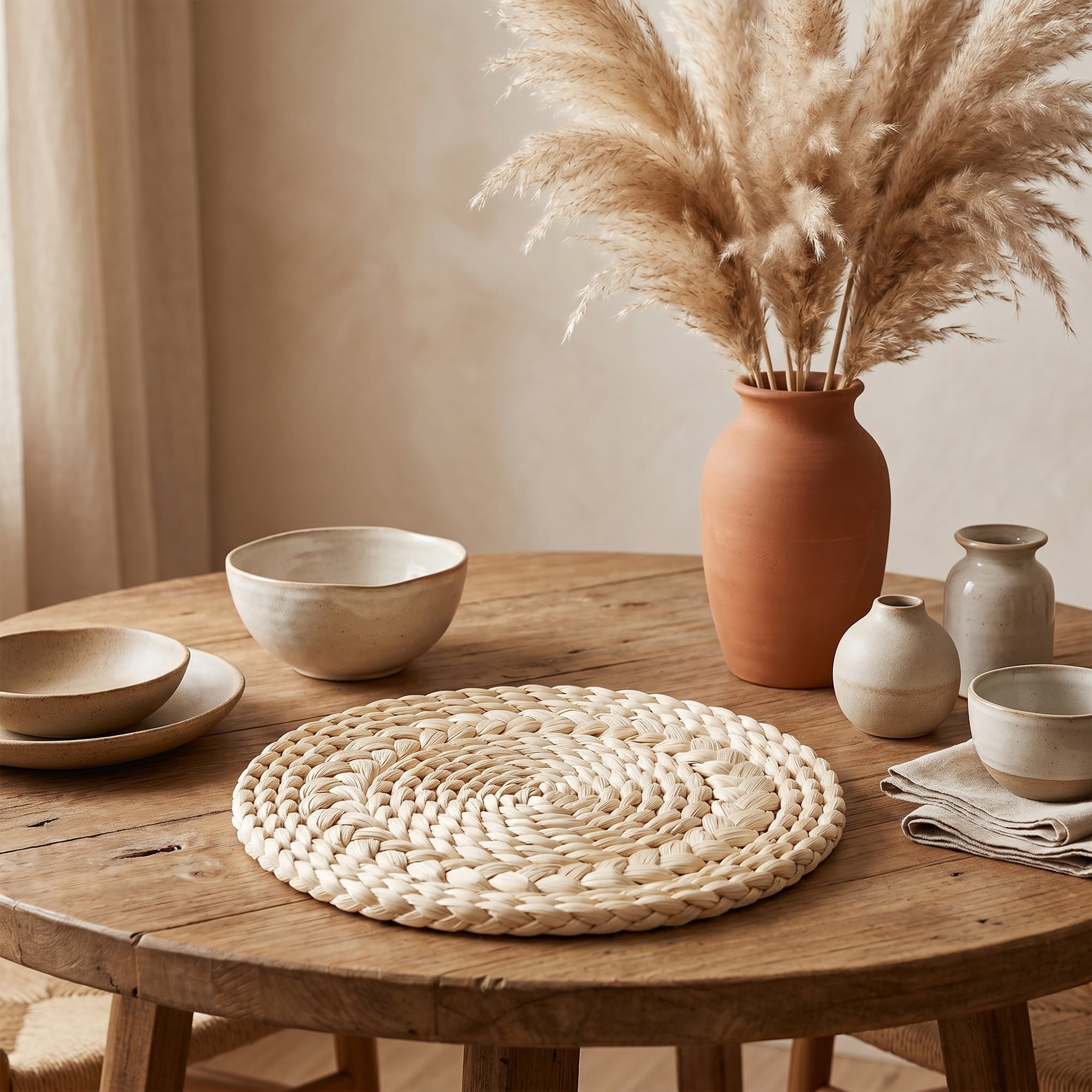 Unique Bargains 4Pcs Round Woven Dining Table Decor Placemats Beige 7.9x7.9in