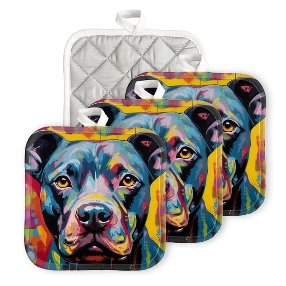 Bahomeck Pot Holder 4Pcs,Abstract Colorful Painting Of Pitbull Dog Portrait Square Heat Resistant Hot Pads For Kitchen Cooking Oven With Hanging Loop Potholder Easy To Store
