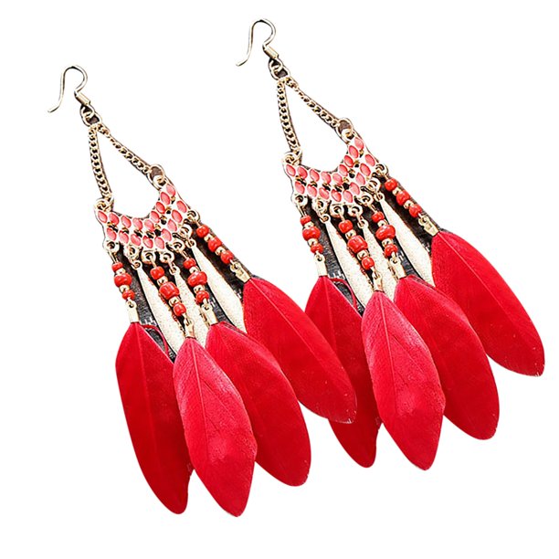 Mujeres Boho largo de plumas de borlas pendientes de joyería de la vendimia de perlas cuelgan pendientes colgantes
