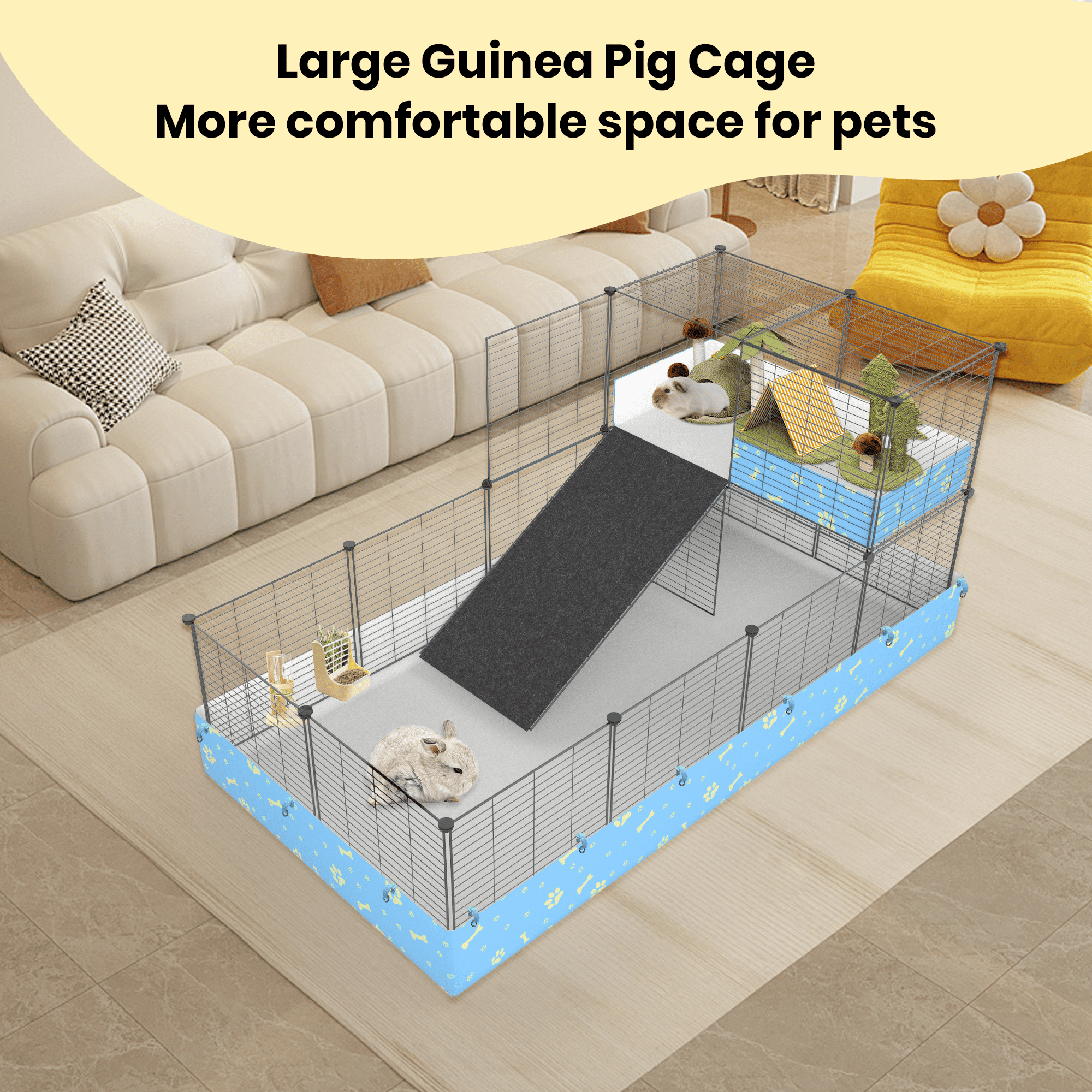 Luxmo Guinea Pig Cage, Indoor C&C Rabbit Kitten Small Animal Cage with Waterproof Liner, Loft and Partition for Rabbit, Chinchilla and Hamster, Habitat Fence Playpen with 25PCS Pannels