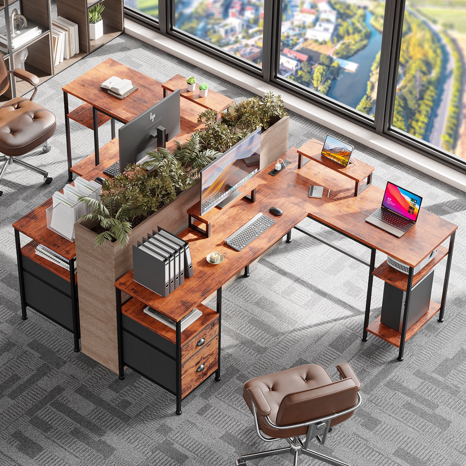 Satifur Computer Desk 66" L-Shaped, Corner Desk with Power Outlet, Reversible Gaming Desk, Rustic Brown