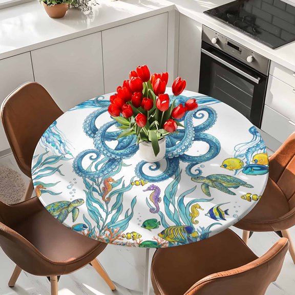 Octopus Coastal Elastic Fitted Round Tablecloth Ocean Jellyfish Seahorses Corals White Waterproof Outdoor Table Cover for Holiday Party, Picnic, Patio & Dining Fits Tables Up to 55"-60"