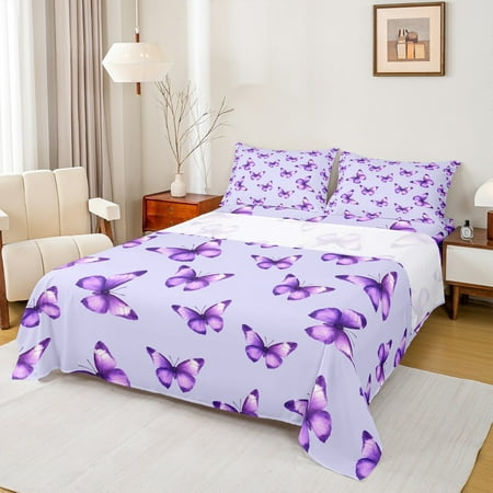 jejeloiu Chic Butterflies Twin Sheet Sets Dreamy Purple Twin Fitted Sheet Wild Animal Flat Sheet For Kids Luxury Bedroom Decor 3 Pieces