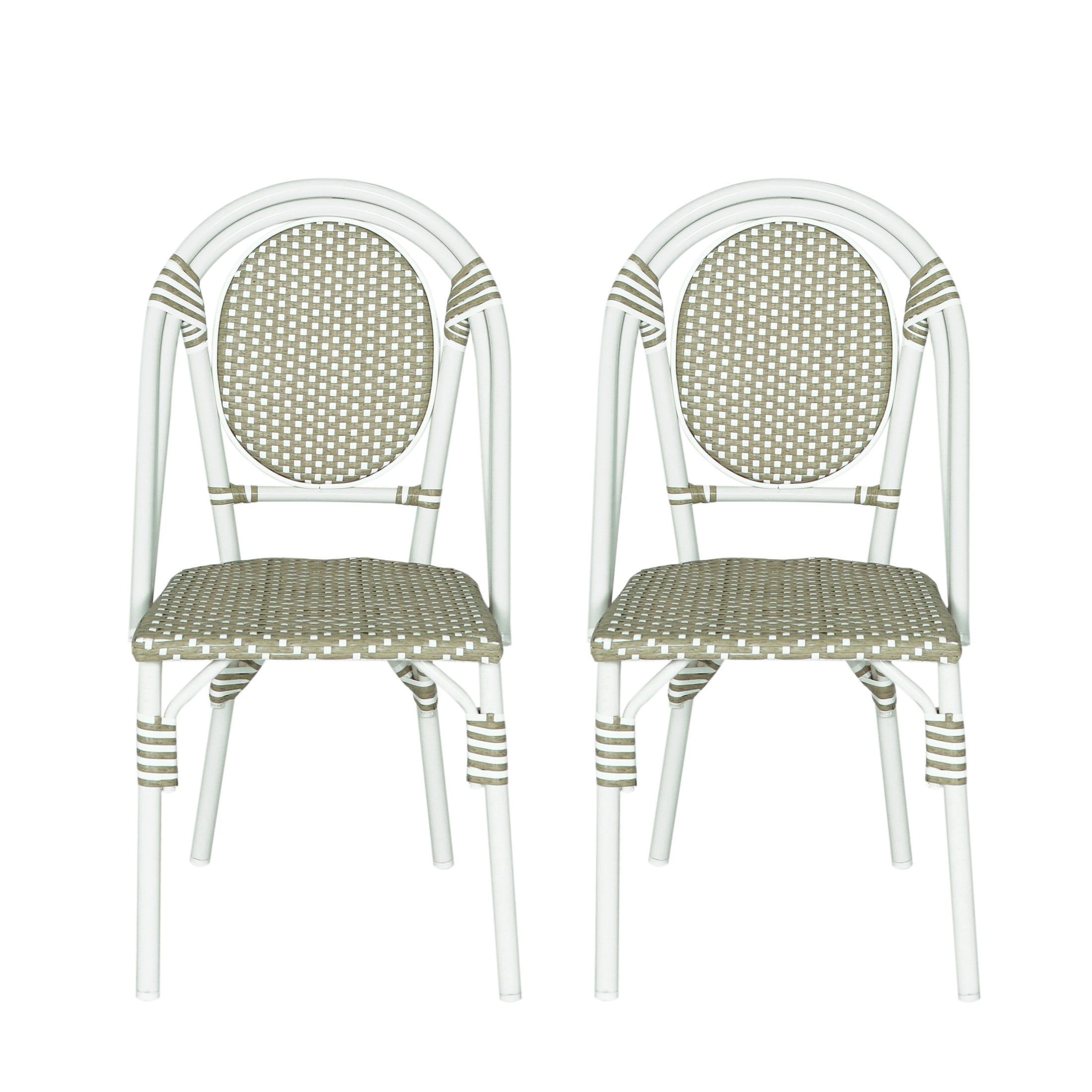 Christopher Knight Home Rattan French Bistro Outdoor Chairs, Aluminum Frame, White+Green, Set of 2
