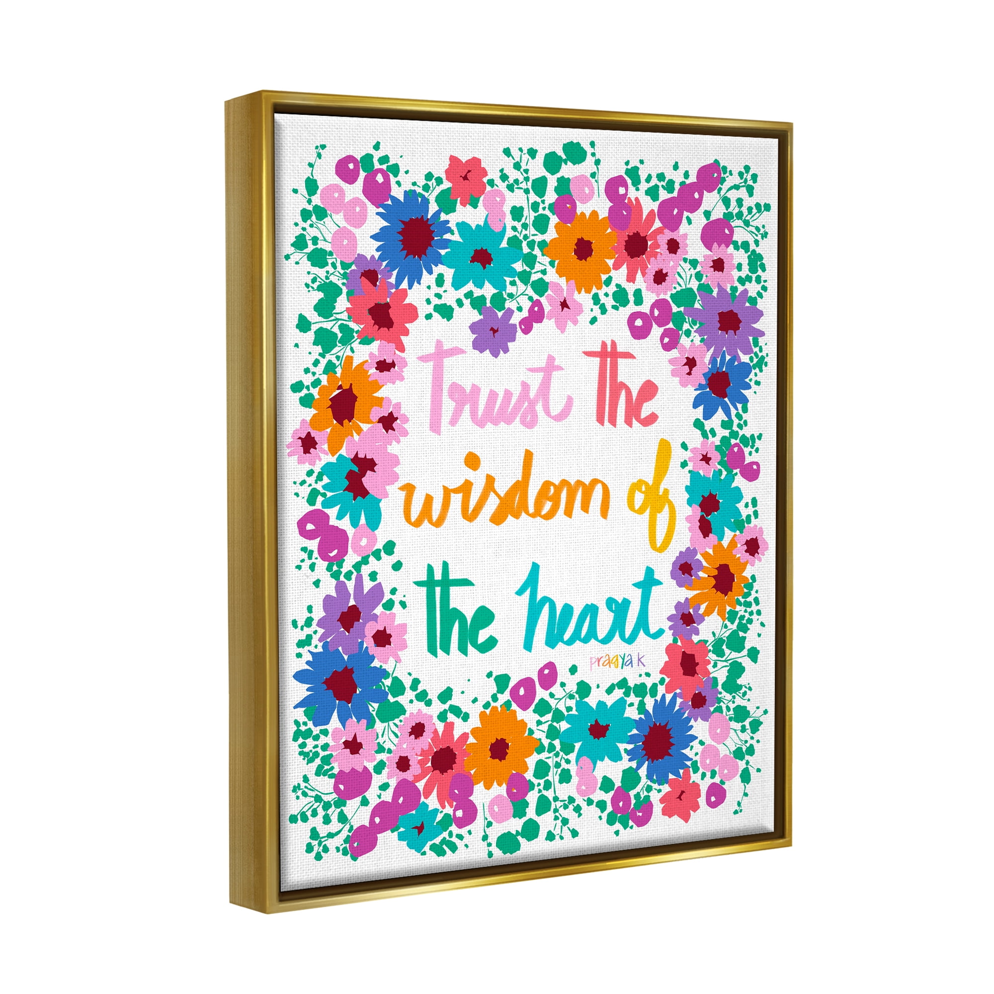 Stupell Industries Wisdom of Heart Phrase Botanical & Floral Painting Gold Floater Framed Canvas Art Print Wall Art, 17 x 21