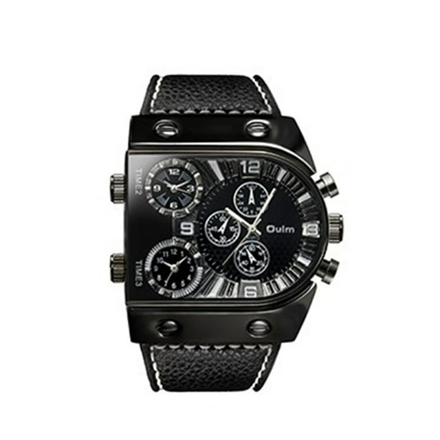 OULM OULM Multi-Time Zone Men's Watch with Large Dial, Alloy Case, and Genuine Leather Strap - HP9315 (Black)