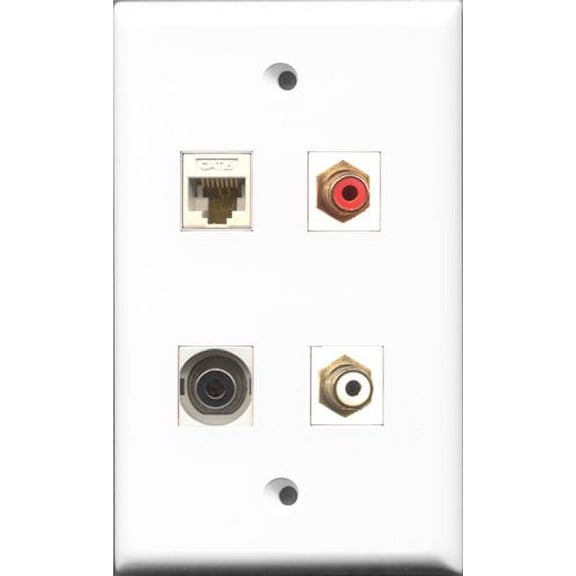 RiteAV 1 Port RCA Red and 1 Port RCA White and 1 Port 3.5mm and 1 Port Cat6 Ethernet White Wall Plate