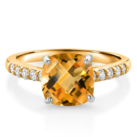 Gem Stone King 10K Yellow Gold Yellow Citrine and White Lab Grown Diamond Engagement Ring for Women (2.20 Cttw, Cushion Checkerboard 8MM, Gemstone November Birthstone, Size 9)