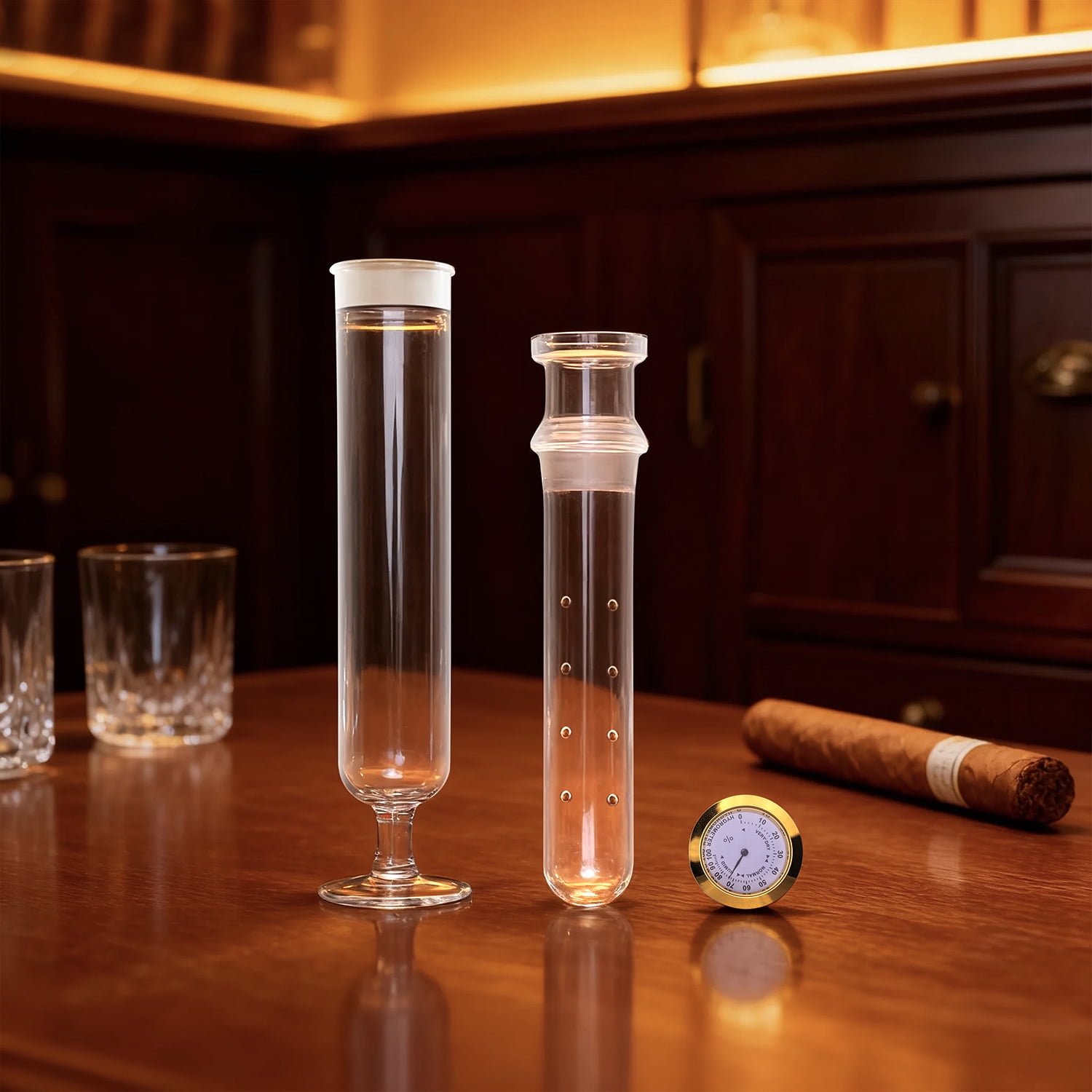 Glass Cigar Aromatherapy Humidor Tube Kit with Hygrometer, Borosilicate Glass Construction, Built-in Stand Base, 256x50mm, 8 Air Vents, Dual Chamber Design