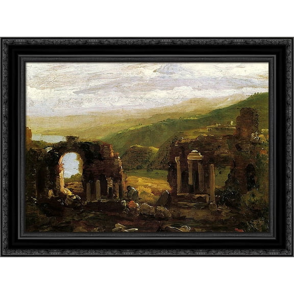 The Ruins of Taormina (sketch) 24x19 Black Ornate Wood Framed Canvas Art by Cole, Thomas