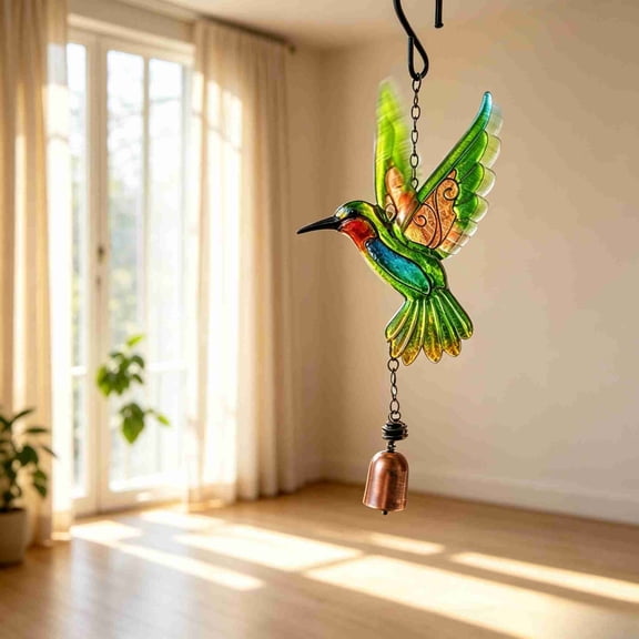 Metal Hummingbird Wind Chime Hanging Pendant with Handmade Glass & Spray Painting Craft, Soft Sound Weatherproof Ornament for Courtyard Garden Patio
