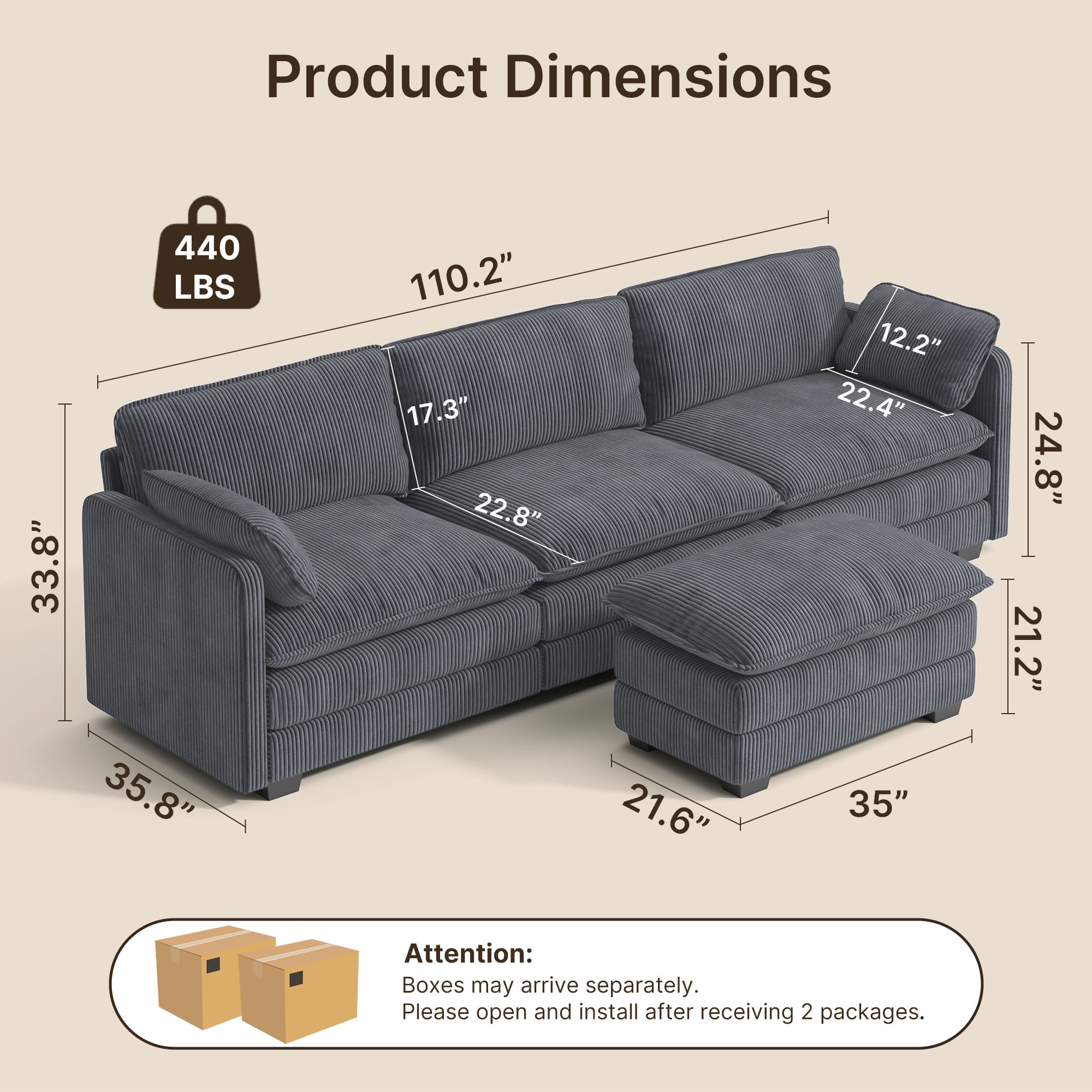 110.2" Cloud Sectional Couch with L-Shape Chaise,Lofka Modern Modular Sofa with Deep Seat, Upholstered Couches for Living Room Bedroom, Gray (Plush Corduroy Fabric)