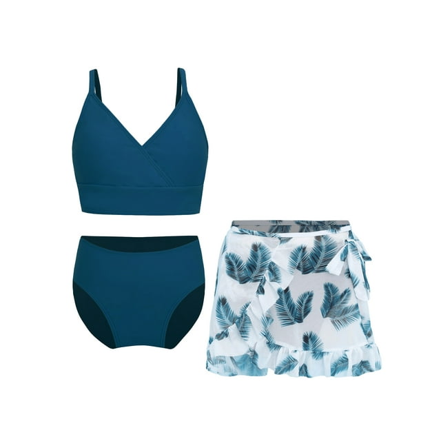 CHICTRY Ensemble Bikini 3 Pcs pour Filles avec Jupe de Plage Surf Bleu Marine 15 Ans