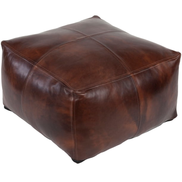 22" Dark Brown Patched Leather Square Pouf Ottoman with Knife Edges