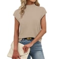 thumbnail image 3 of WIHOLLWomens Short Sleeve Sweater Mock Neck Summer Top Dressy Casual Basic Knit Pullover Shirt Beige Tops, 3 of 8