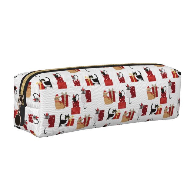 Fotbe Cute Cat And Christmas Gift Estuche para Lápices de Cuero con Estampado, Estuche con Cremallera Resistente, Organizador Compacto y Elegante para Papelería
