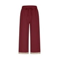 thumbnail image 4 of UVEASISHA Summer Linen Pants for Women Wide Leg Boho Pants Dressy Casual Lace Hem Palazzo Pants with Drawstring and Pockets Red M, 4 of 8