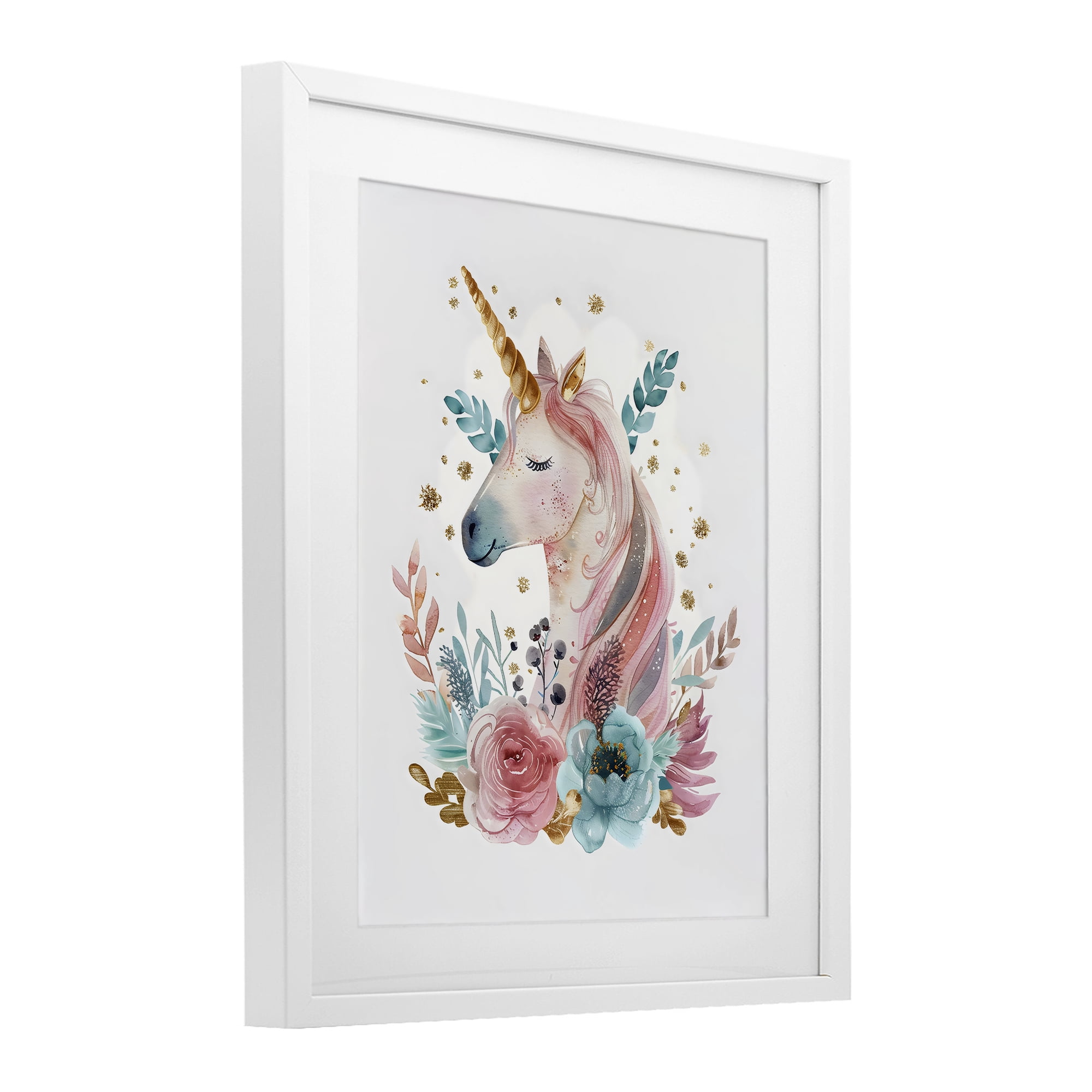 Stupell Industries Floral Unicorn with Gold Details White Framed Print Under Glass, design by LSR Design Studio