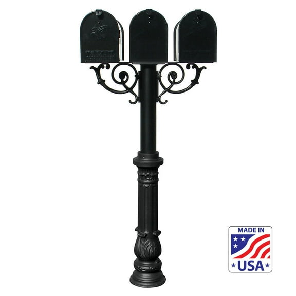 QualArc HPWS3-US-700-E1 6 in. The Hanford TRIPLE Mailbox Post System with Scroll Supports - Black