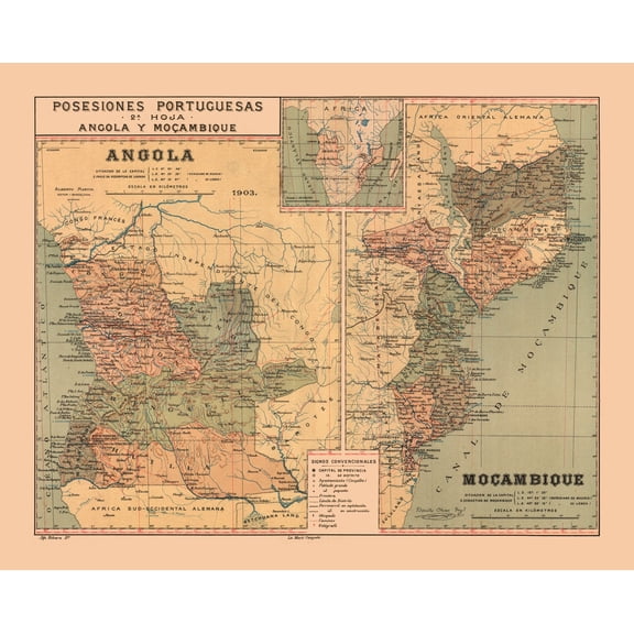 Historic Map - Mozambique Angola Portuguese Possessions 1903 - Martine 1904 - 28.68 x 23 - Vintage Wall Art