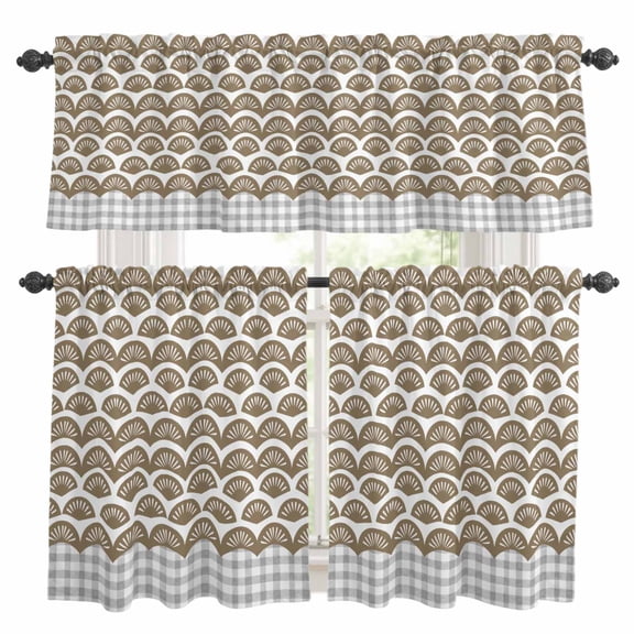 Brown Pine Leaves Kitchen Curtains Sets for Windows 24 Inch Length, Abstract Art Geometric Gray Plaid Rod Pocket Window Treatments Tier Curtains and Valances Set for Bedroom/Bathroom