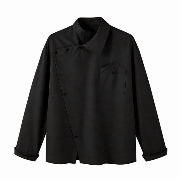 Men Irregular Asymmetric Oblique Placket Stand Collar Long Sleeve Dress Shirt Black S