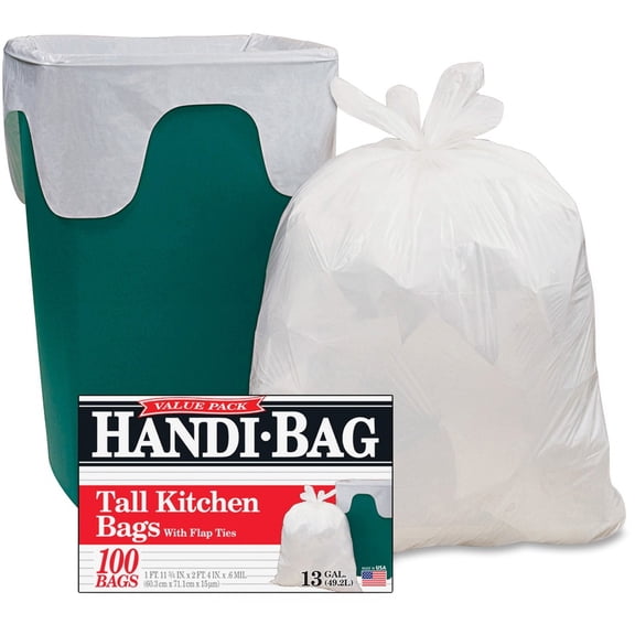 Handi-Bag Super Value Pack Can Liners, 13 gal, 0.6 mil, 23.75" x 28", White, 100/Box