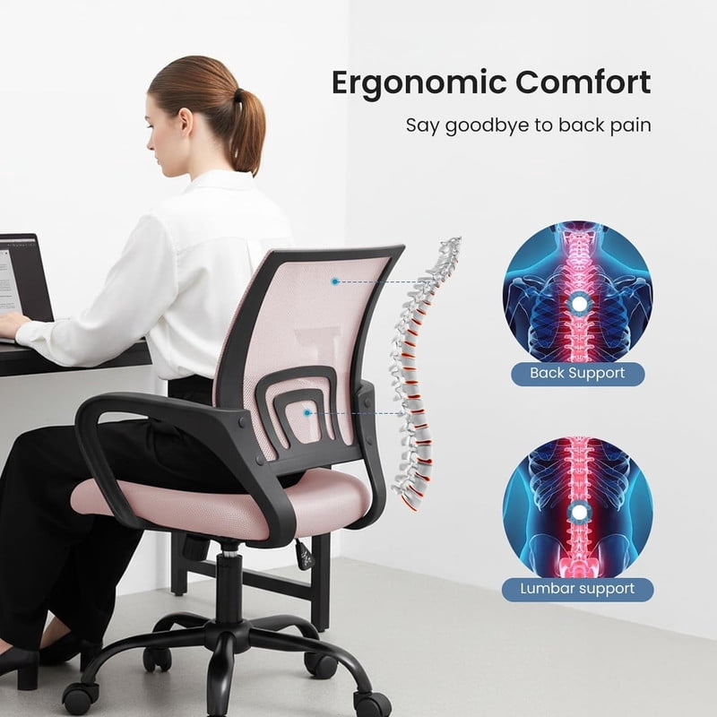 Simenmax Ergonomic Mid Back Office Chair, Pink Mesh Computer Desk Chair with Lumbar Support, Rocking Mode for Home Office