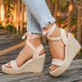thumbnail image 3 of Rokment Espadrilles Wedge Strappy Dress Sandals for Women Bride Wedding Beach Summer Stylish Casual Suede Open Toe Ankle Strap Platform Chunky High Heels Dress Shoes Beige Size 6.5, 3 of 6