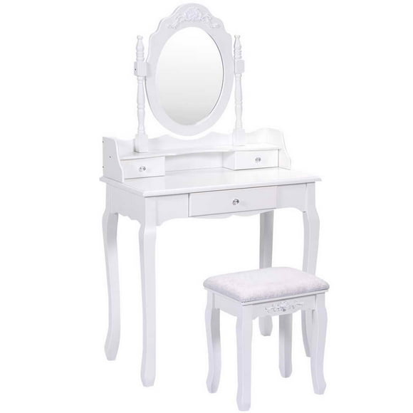 Topbuy White Vanity Mirror Wood Makeup Dressing Table Stool Set White (Mirror, 3 Drawers, Stool)