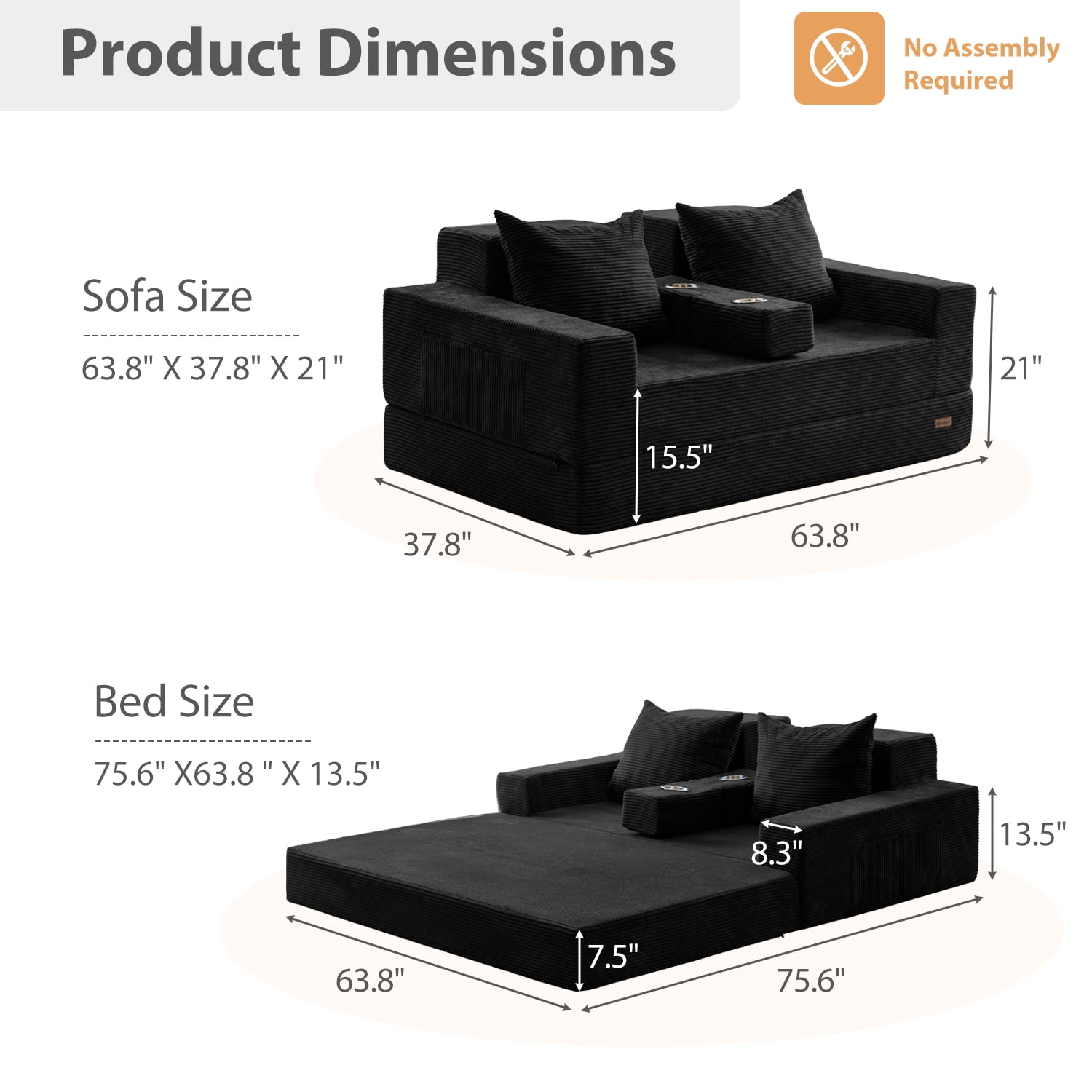 BYBYME Convertible Sofa Bed,Folding Lounger 4-in-1 Boneless Sofa with 2 Pillows and Cup Holder,Floor Sofa for Small Spaces Such as Living Rooms,No Assembly Required,Loveseat,Black