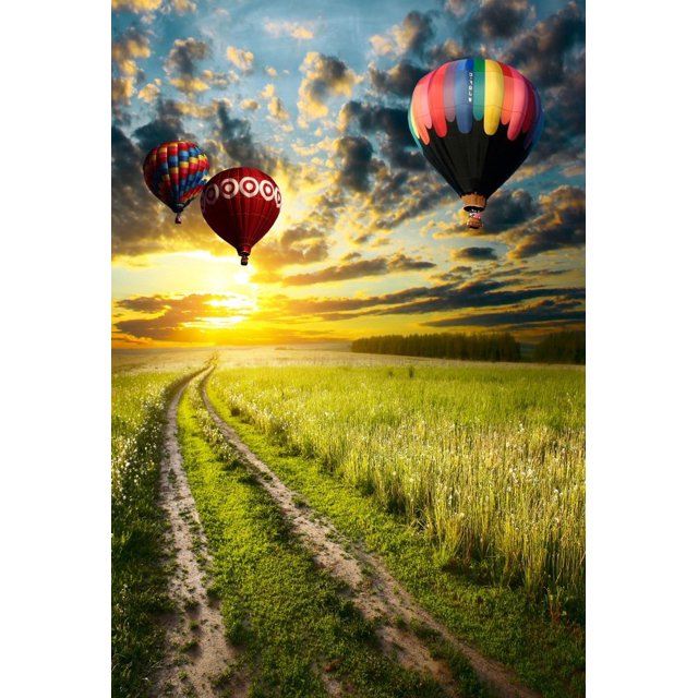 Fondo de Fotografía ABPHQTO 150x220cm Color Globos de Fuego Campo de Hierba Sendero Paisaje Rural Atardecer