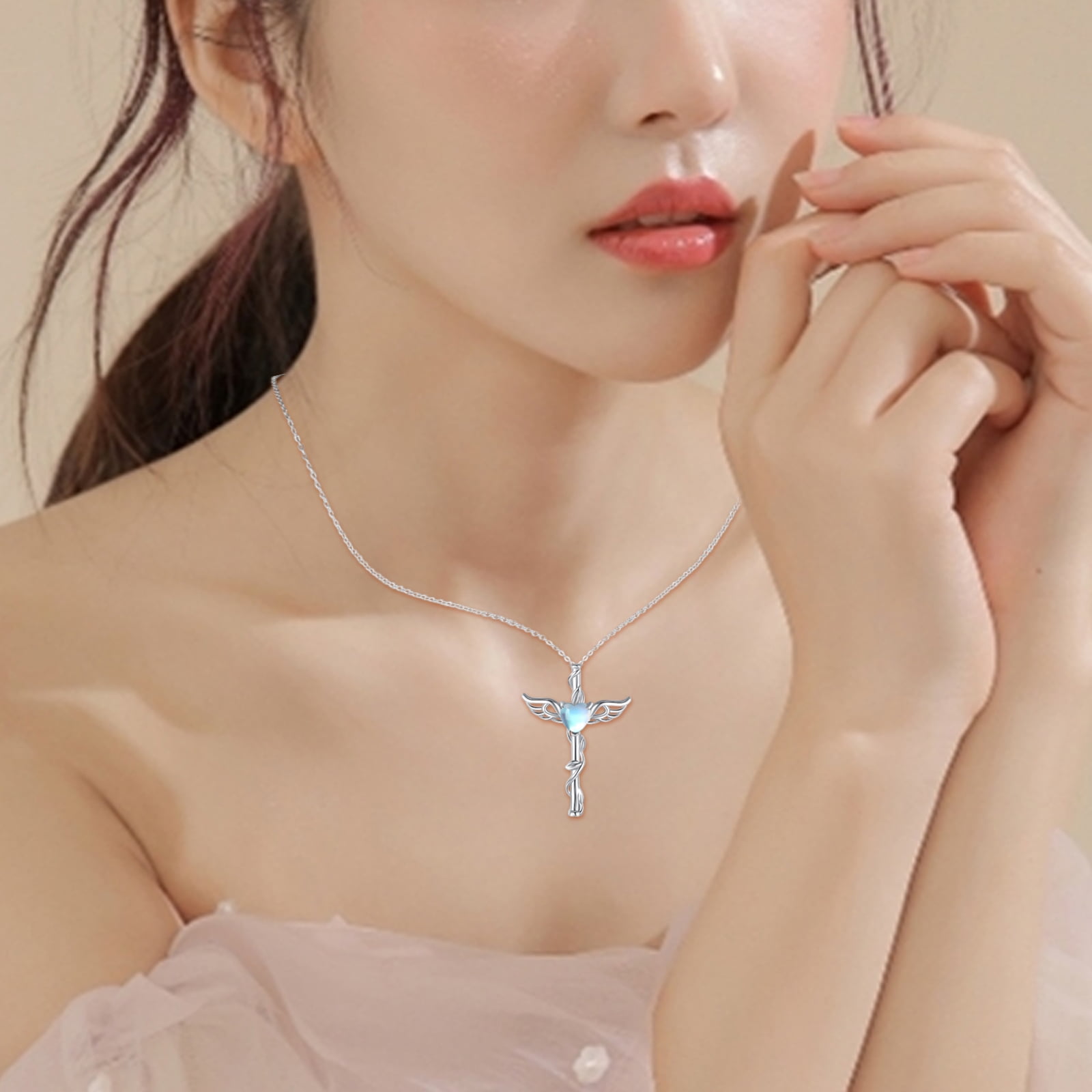 Coachuhhar Angel Wing Cross Necklace 925 Sterling Silver Moonstone Cross Crucifix Pendant Necklace Guardian Angel Wings Necklace Cross Jewelry Gifts for Women
